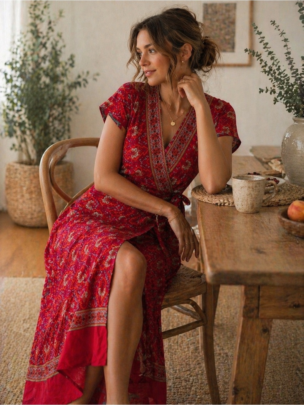 Temofon Red Floral Wrap Midi Dress XS Boho Short Sleeve Tie Waist EUC - Picture 2 of 9